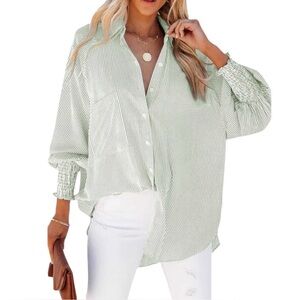 Lemafur Boyfriend‎ Shirt Smocked Cuffs Pockets Oversized Mint Striped Medium NEW